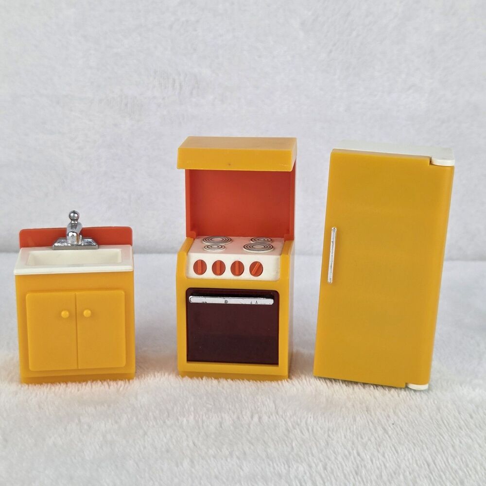 Vintage 1977 Fisher Price Dollhouse Kitchen Set Fridge Stove Sink 3 Pc